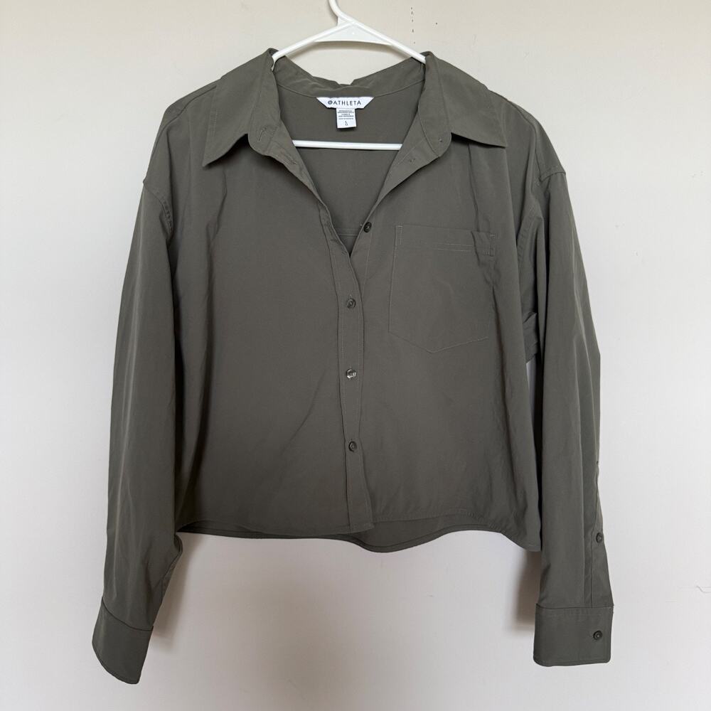 Athleta Womens Midday Cropped Poplin Button Up Top Large Granola UPF Outdoor